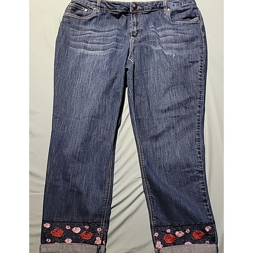 Christopher & Banks Flowered Ankle Cuffed Embroidered Blue Jeans Womens Size 18W